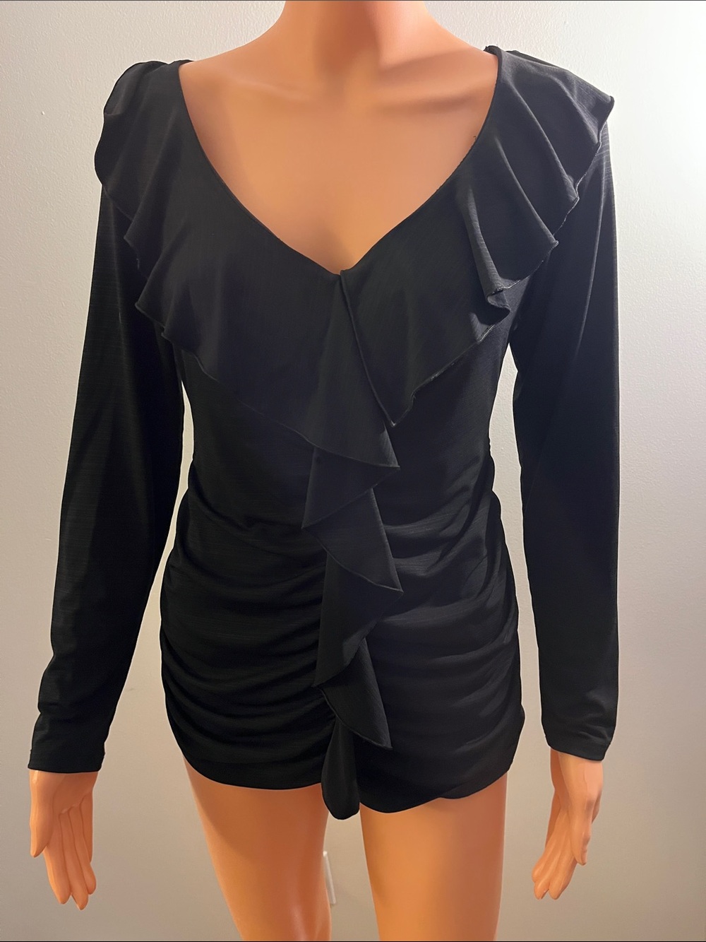 AB Studio Black Long Sleeve Ruffle Front Blouse